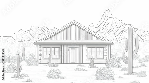 House in Desert Landscape with Cactus and Mountain Range Sketch