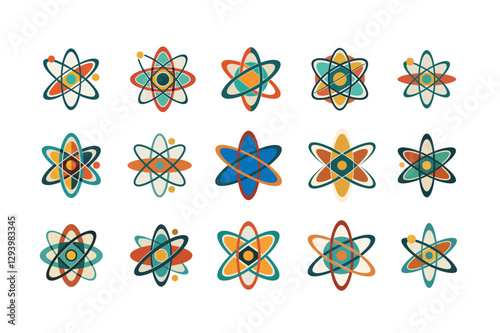 Atomic Energy Aesthetic: A Stylized Retro Atom Model Logo with Muted Mid-Century Colors for a Classic Scientific Look.