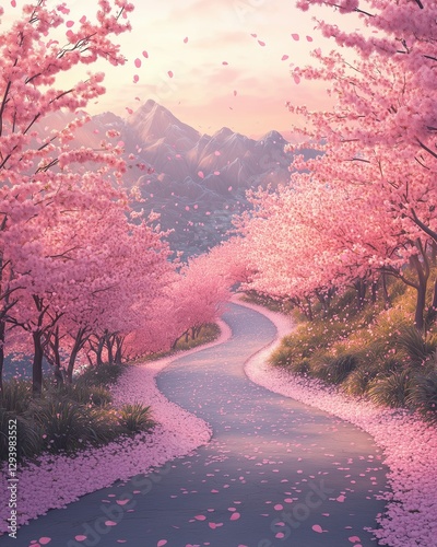 Pathway through blooming cherry blossom trees.