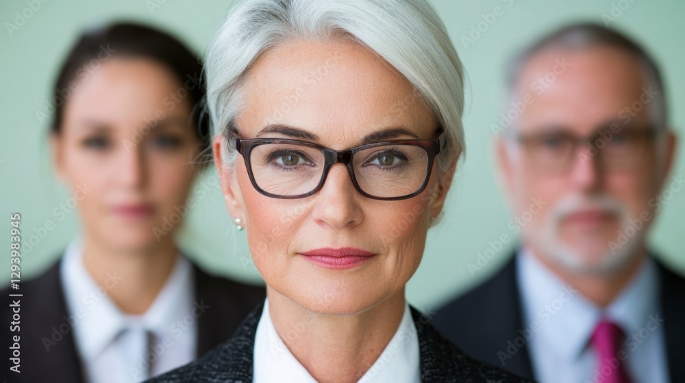 Portrait of a confident woman with short gray hair and glasses, flanked by colleagues in a business setting. Soft lighting and neutral background Portrait of a confident woman with short gray hair and glasses, flanked by colleagues in a business setting. Soft lighting and neutral background