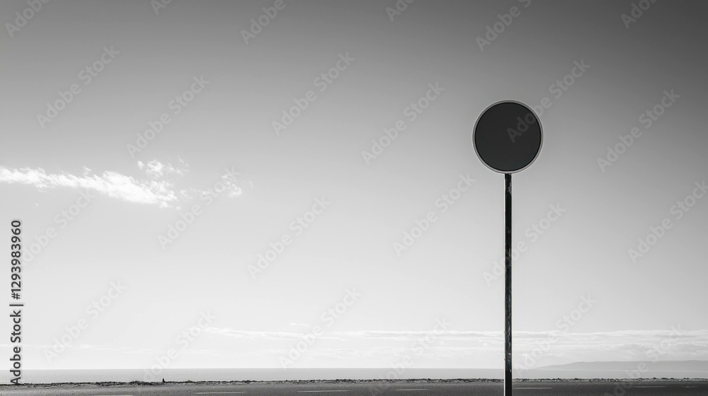 Minimalistic black and white coastal scene featuring a solitary road sign against a calm ocean backdrop, emphasizing solitude and nature Minimalistic black and white coastal scene featuring a solitary road sign against a calm ocean backdrop, emphasizing solitude and nature
