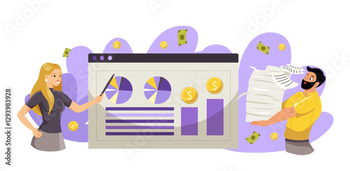 Business people analyzing financial data with charts and graphs, flat style, on white background. Concept of financial analysis. Vector illustration