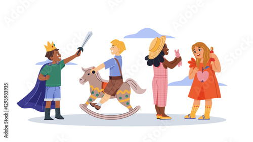 Children dressed as a king, knight, farmer, and princess with toys on a white background. Flat graphic style. Concept of childhood imagination. Vector illustration