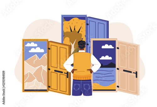 Man standing in front of open doors showing mountain, forest, and beach scenes, flat graphic style, white background, concept of choices. Vector illustration