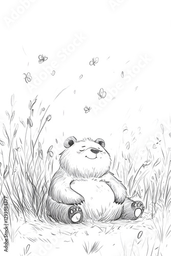 Bear Sitting in Grass with Butterflies Black and White Illustration