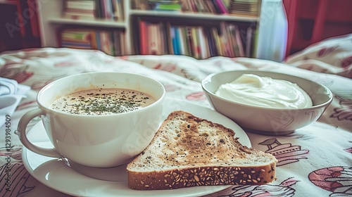 A cup of steaming coffee, half brimful with milk and the aroma of herbs on top