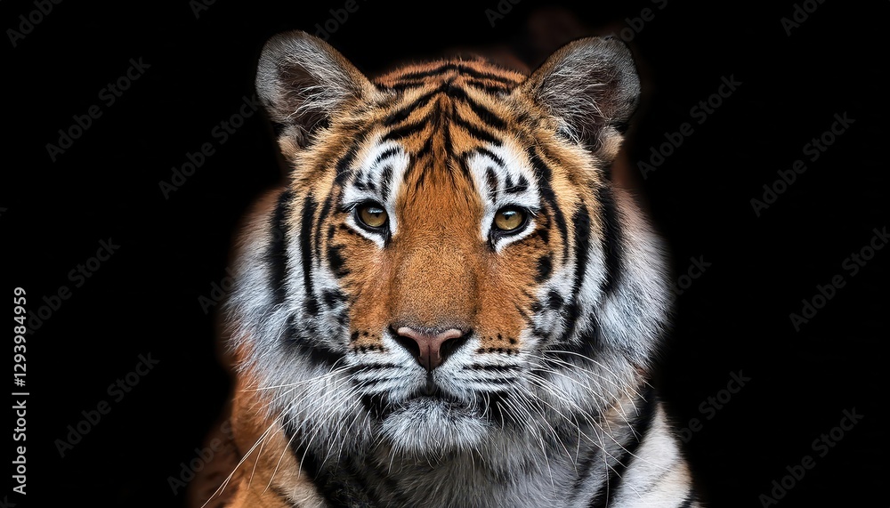 Naklejka premium Stealthy Striped Predator Staring Intently Against a Dark Backdrop, Sleek Felid Showcases Power and Mystique under the Spotlight