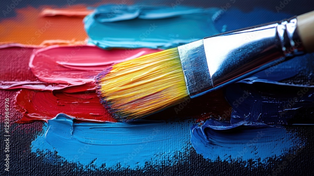 Obraz premium Paintbrush on vibrant, colorful acrylic paint strokes.