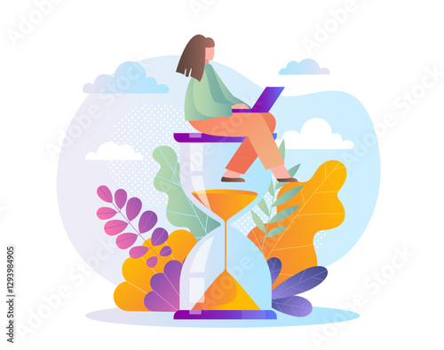 Woman sitting on hourglass with laptop, flat style, light blue background. Concept of time management. Vector illustration