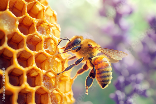 Close up view of the working bee on honeycomb. photo