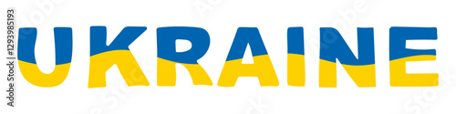 Ukraine - name of the country. Word Ukraine in colors of national flag - blue and yellow. Vector isolated on white.