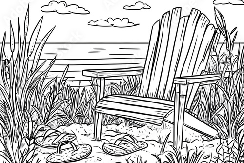 Relaxing Beach Chair with Sandals Illustration in Black and White