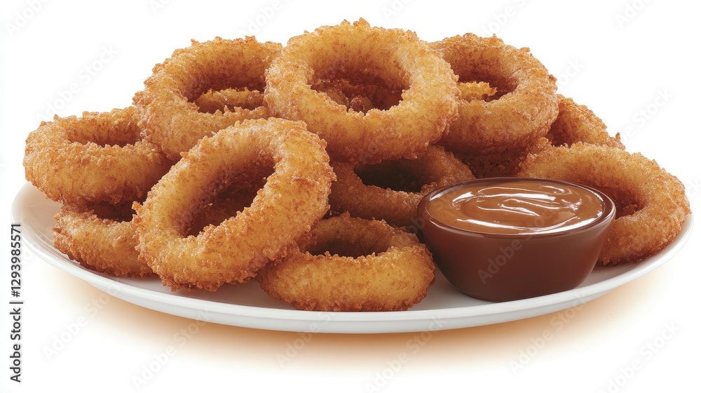 A pile of crispy golden onion rings with dipping sauce, arranged on a plate.