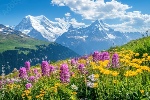 Idyllic alpine landscapes featuring lush meadows and majestic mountains in full bloom during the vibrant spring season for nature enthusiasts and travel lovers photo