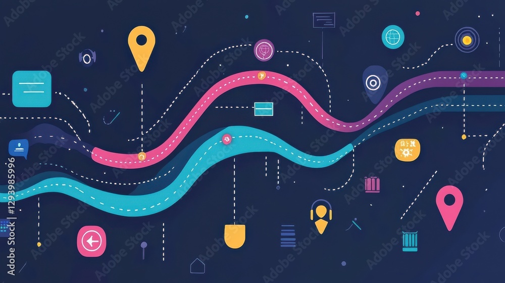 Colorful abstract map design with navigation elements and icons Colorful abstract map design with navigation elements and icons