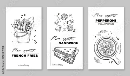 Three food menu cards showing French fries, sandwich, and pepperoni pizza in sketch style on white background. Concept of fast food. Vector illustration