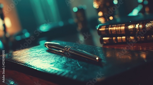 Elegant Executive Desk Setup with Dark Leather Planner and Pen