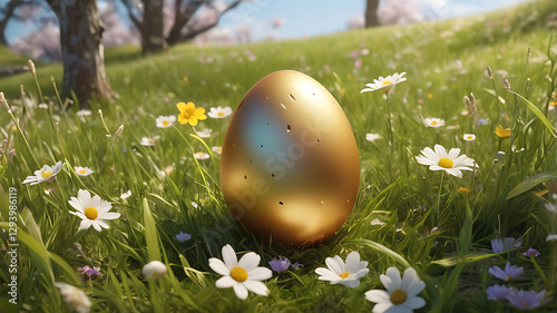 Hidden golden Easter egg in grass, enchanting mood, surrounded by blooming daisies in a sunny field