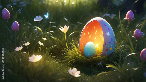 Hidden Easter eggs in grass, whimsical mood, featuring a glowing decorated egg in a flower-filled meadow