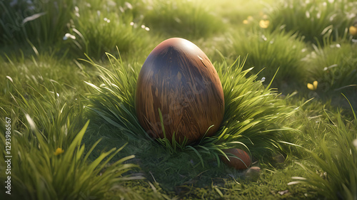 Hidden wooden Easter egg in grass, rustic mood, surrounded by blossoming flowers in a meadow