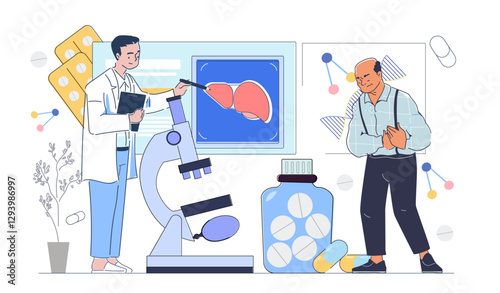 Doctor examining liver model with patient, flat style, on white background. Concept of medical diagnosis and treatment. Vector illustration