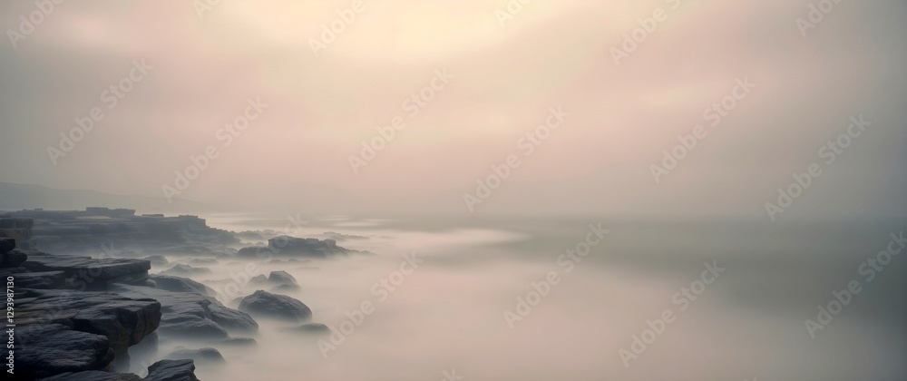 Obraz premium Fog over the sea and rocky coast, blurred long exposure.