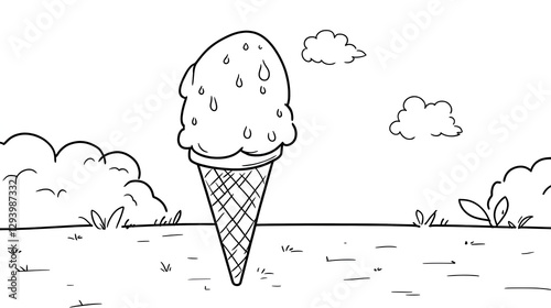 Ice Cream Cone Melting in a Field with Clouds Simple Drawing