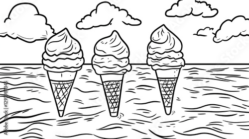 Ice Creams Floating in Water with Clouds Black and White