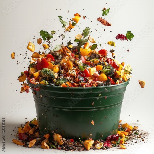 Food waste piles overflowing the bin Food scraps in motion on white background