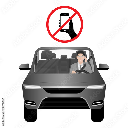 A Man Calling on Phone While Driving a Car. Do Not Use Phone While Driving. Careless and Dangerous Driving Behavior. Vector Illustration. 