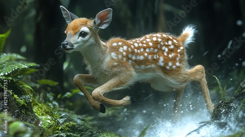 A fawn runs through a forest stream, splashing water.