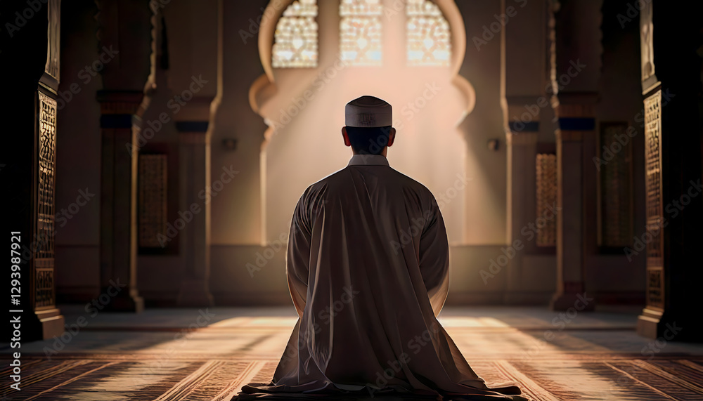back view a man praying in the mosque with warm sunlight. back view a man praying in the mosque with warm sunlight.