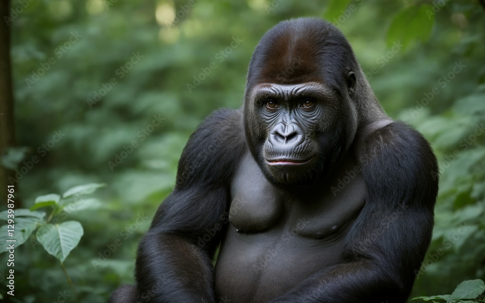 Obraz premium Powerful Gorilla Resting Amidst the Dense, Green Forest