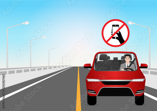 A Man Using Phone Texting Message While Driving a Car. Do Not Use Phone While Driving. Careless and Dangerous Driving Behavior. Vector Illustration. 