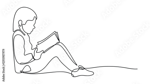 A minimalist line drawing depicts a young child engrossed in reading a book while seated on the floor. The style is simple and elegant, emphasizing the act of reading.