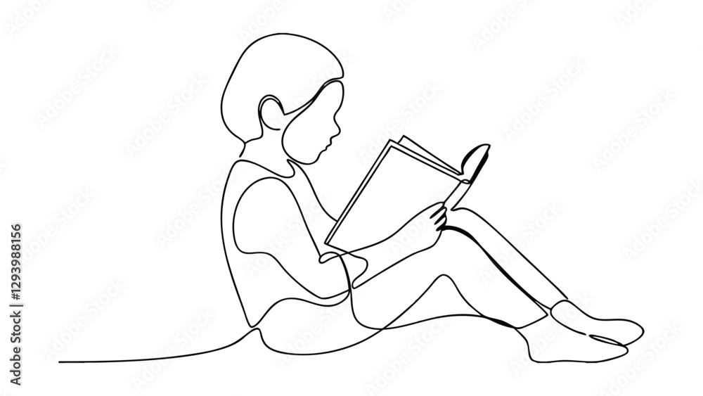 A singleline drawing depicts a child sitting, engrossed in reading a book. The style is minimalist and elegant, symbolizing learning and childhood education. A singleline drawing depicts a child sitting, engrossed in reading a book. The style is minimalist and elegant, symbolizing learning and childhood education.