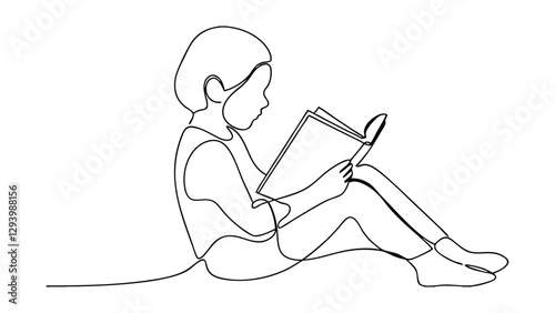 A singleline drawing depicts a child sitting, engrossed in reading a book. The style is minimalist and elegant, symbolizing learning and childhood education.