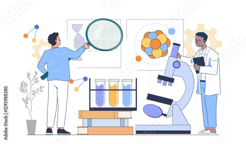 Two scientists examining DNA and molecules, flat graphic style, on white background. Concept of scientific research. Vector illustration
