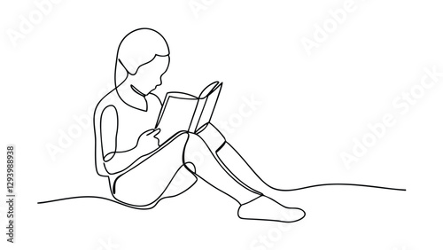 A singleline drawing depicts a child sitting, engrossed in reading a book. The simple style emphasizes the act of reading and learning. The childs focused posture conveys concentration and enjoyment.