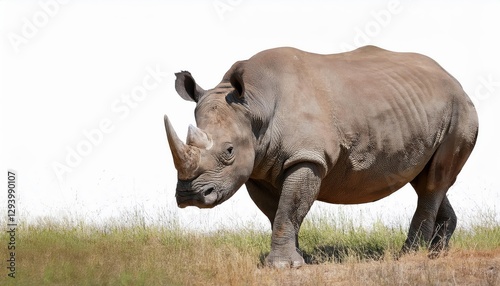 Striking Transparent PNG of a Majestic Rhinoceros Against an African Savannah Backdrop, Showcasing the Power and Grace of Natures Giants with Vivid Textures and Earthy Colors.