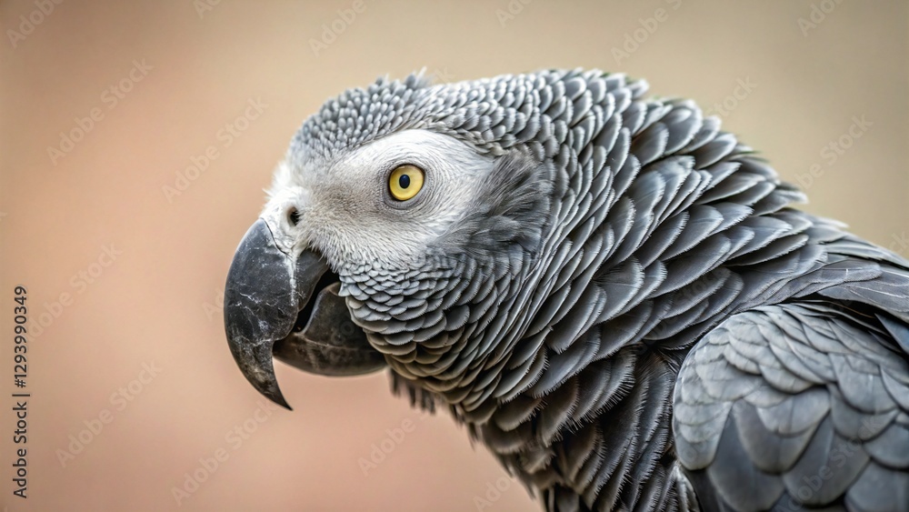 Obraz premium Elegant close-up of an African gray parrot featuring intricate gray feather details and a striking profile against a soft, muted background.