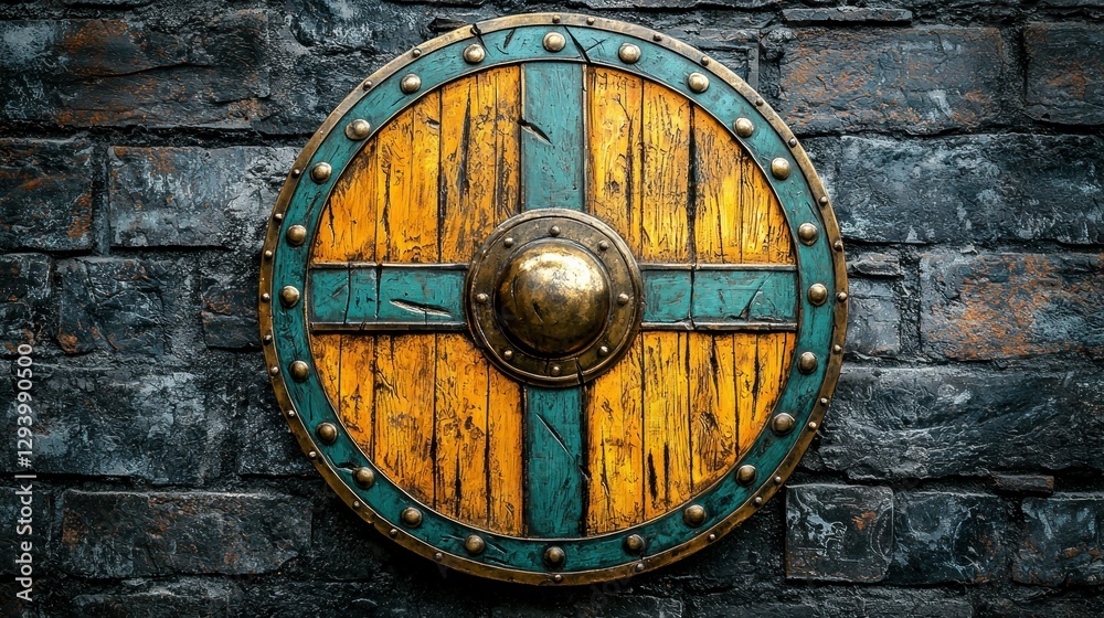Obraz premium Wooden Viking Shield on Brick Wall