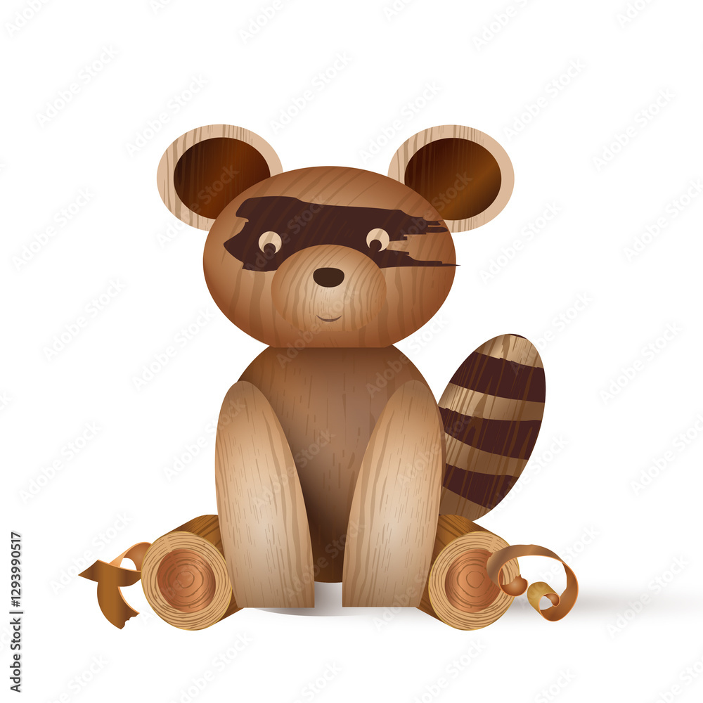 Obraz premium Eine charmante Holzillustration eines Waschbären, stilisiert aus geometrischen Elementen. Der Waschbär sitzt in einer freundlichen Pose mit großen, runden Ohren und typischen dunklen Gesicht