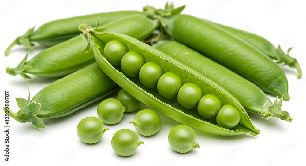 A group of green peas in pods with some opened to reveal the peas inside on a white backdrop A group of green peas in pods with some opened to reveal the peas inside on a white backdrop