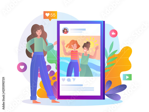 Two women waving in a social media post, flat graphic style, on a colorful background. Concept of online interaction. Vector illustration