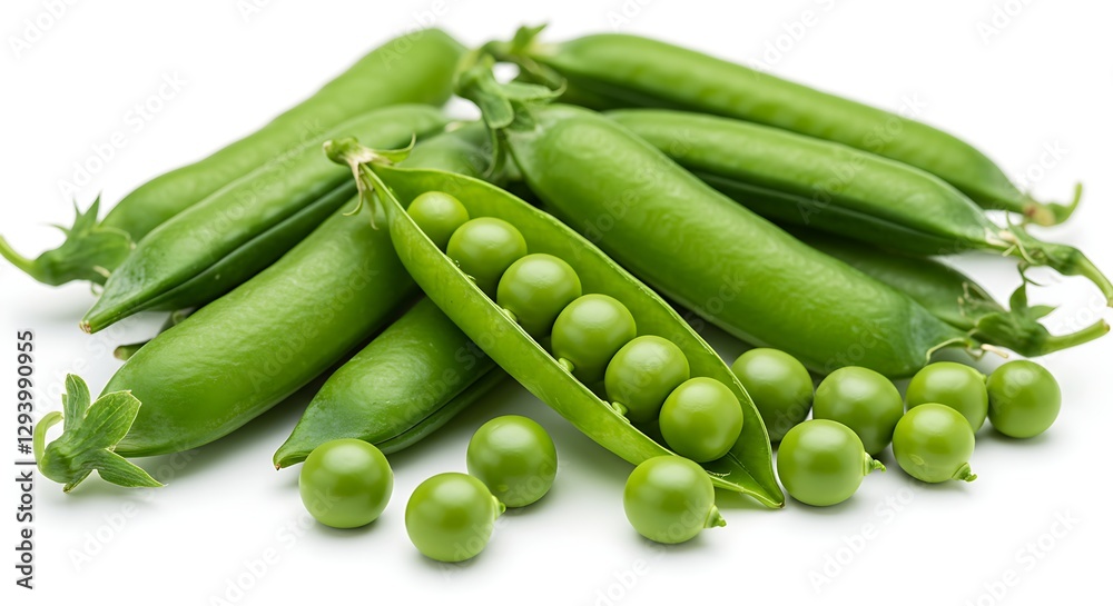 A group of green peas in pods with some opened to reveal the peas inside on a white backdrop A group of green peas in pods with some opened to reveal the peas inside on a white backdrop