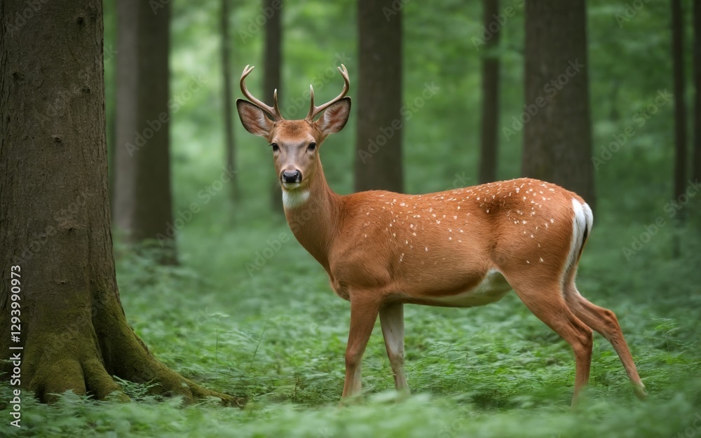 A graceful deer grazing peacefully in the tranquil forest setting A graceful deer grazing peacefully in the tranquil forest setting