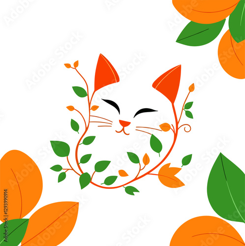 A charming and playful cat illustration designed with elegant botanical elements. The orange and green color scheme enhances the organic feel, creating a fresh and joyful composition.