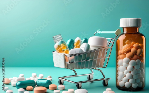 concepto de industria farmaceutica, farmacos, medicinas, comprimidos, drogas, remedios y pildoras,  sobre fondo pastel