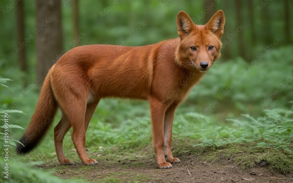 A beautiful dhole moving gracefully through the dense forest A beautiful dhole moving gracefully through the dense forest